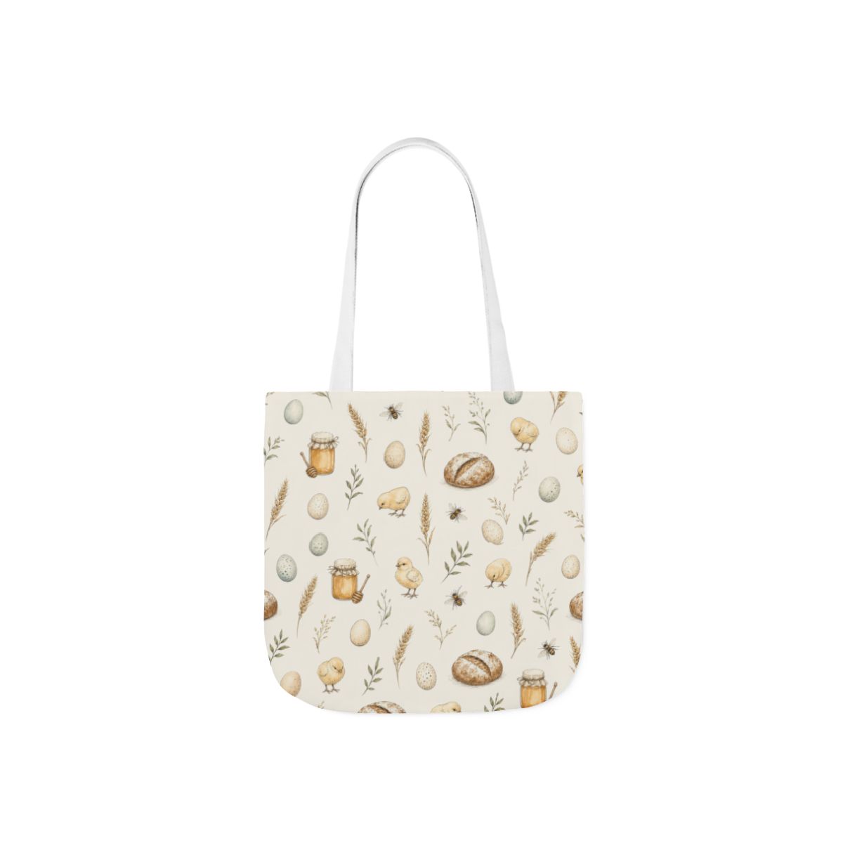 Canvas tote bag with chicks, bread, honey, eggs and leafy sprigs