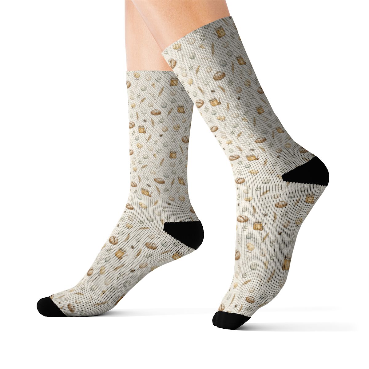 Socks with bread, honey and farmhouse motifs on a cream background