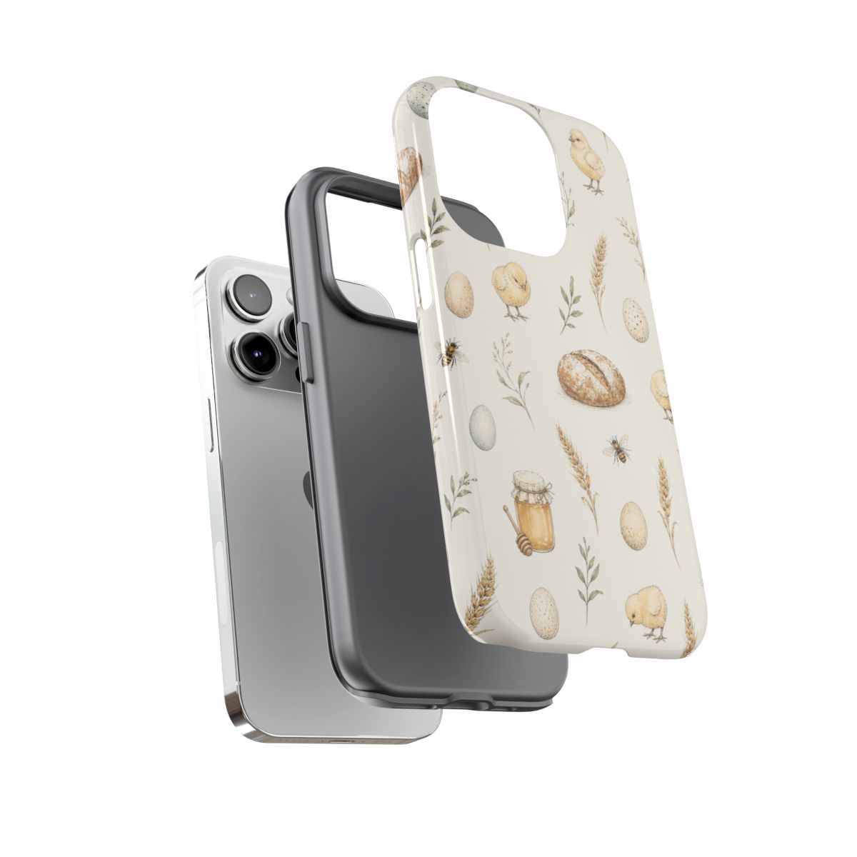 Phone case featuring chicks, eggs, bread, honey and delicate green sprigs