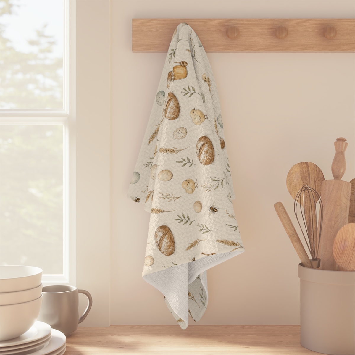 Farmhouse tea towel with bread, chicks, eggs, honey and leafy sprigs, hanging in a sunlit kitchen