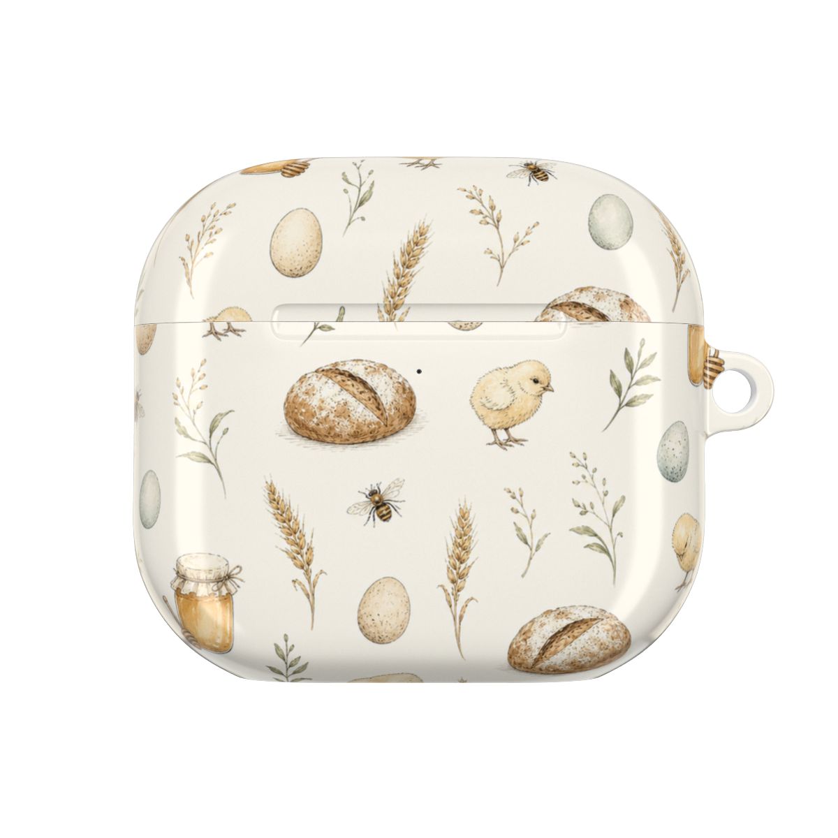 White AirPods case with country cottage chickens and bread illustrations